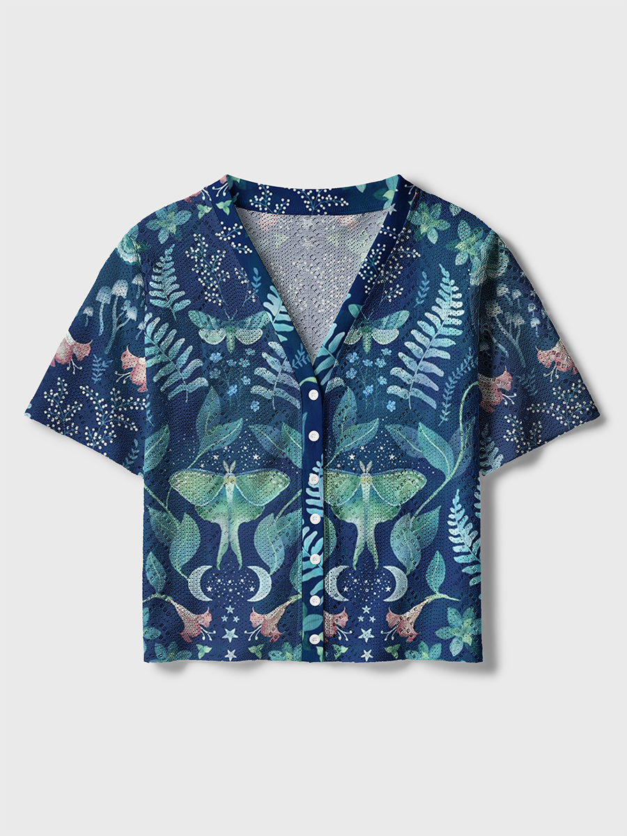 Celestial Night Garden Print Crochet Button Down Cardigan