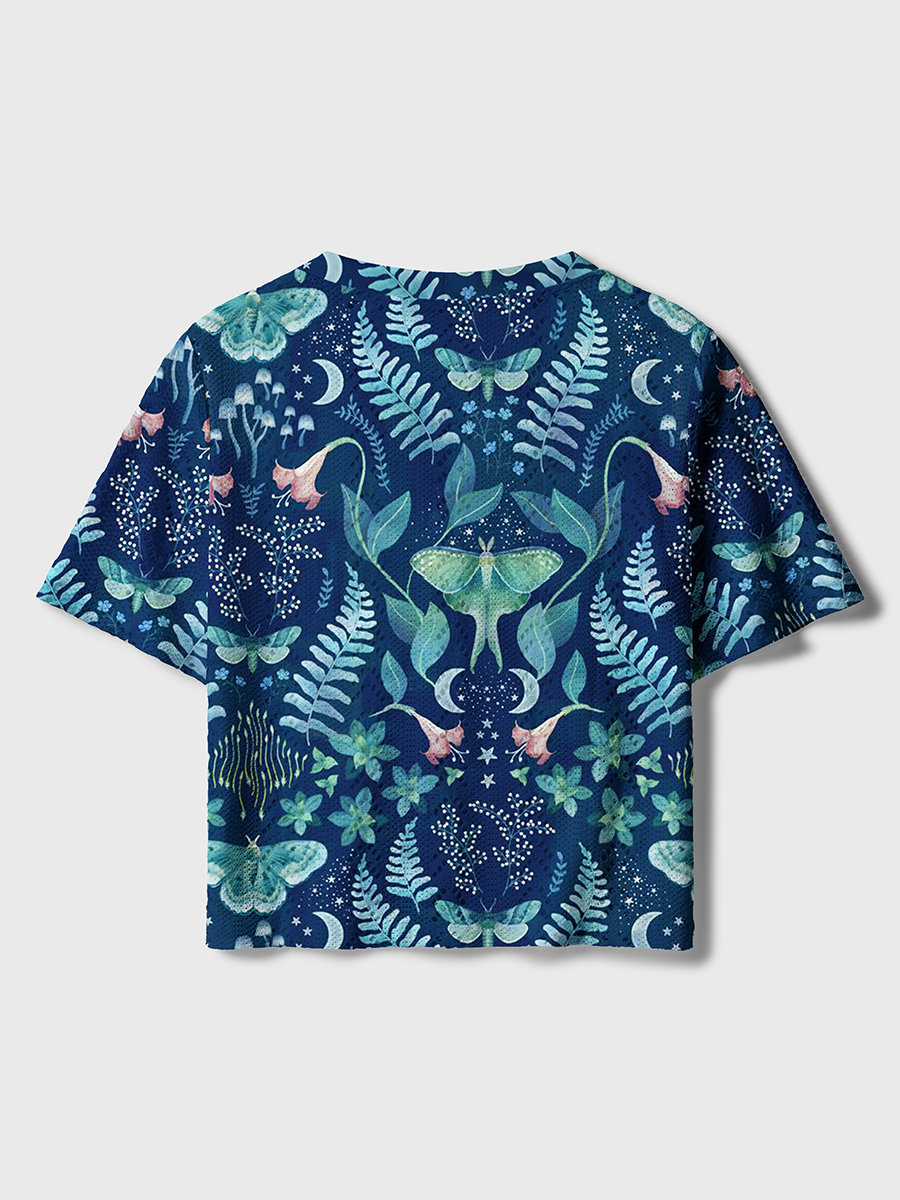 Celestial Night Garden Print Crochet Button Down Cardigan