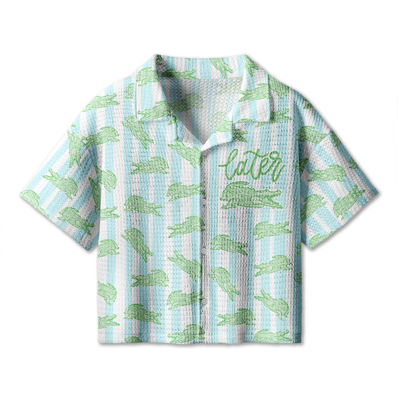 After While Crocodile Girly Preppy Boutique Teacher Crochet Crop Camp Shirt