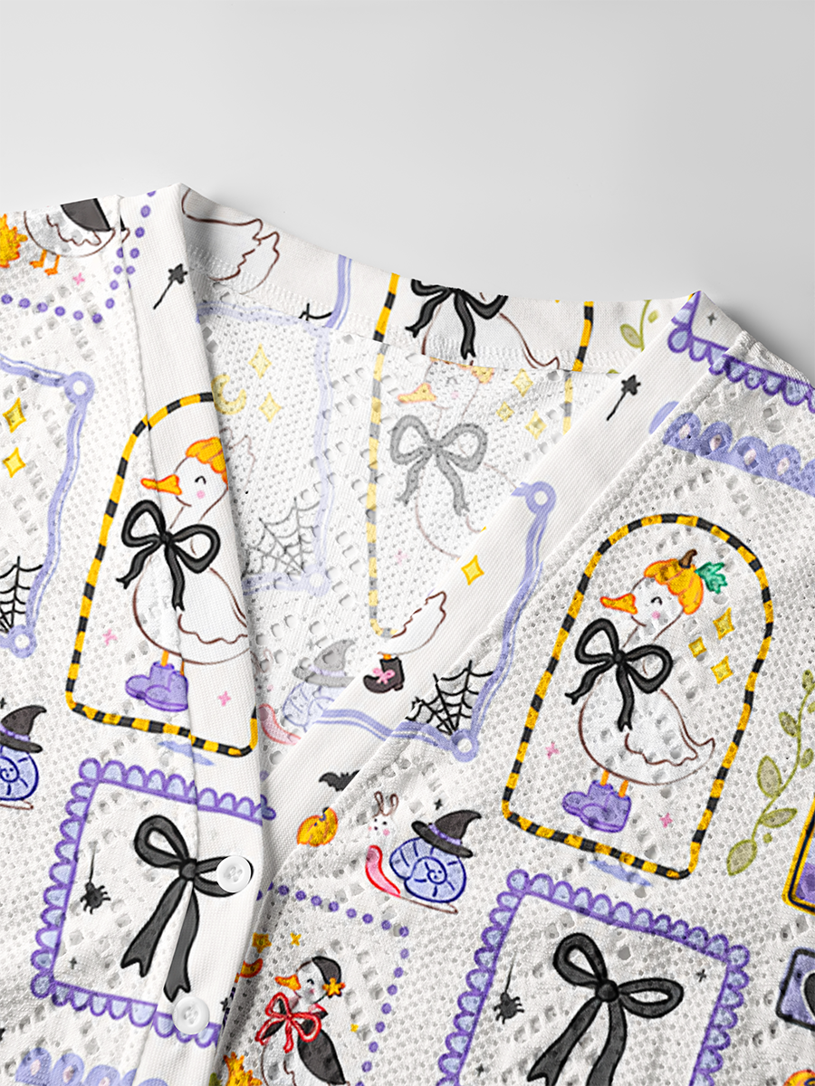 Sticker Frame Duck Halloween Patchwork Crochet Button Down Cardigan