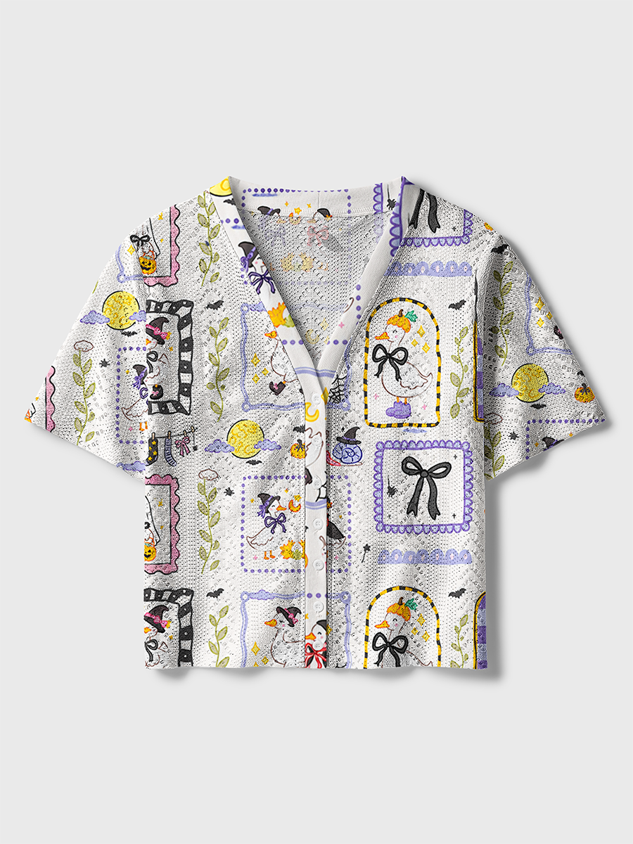 Sticker Frame Duck Halloween Patchwork Crochet Button Down Cardigan