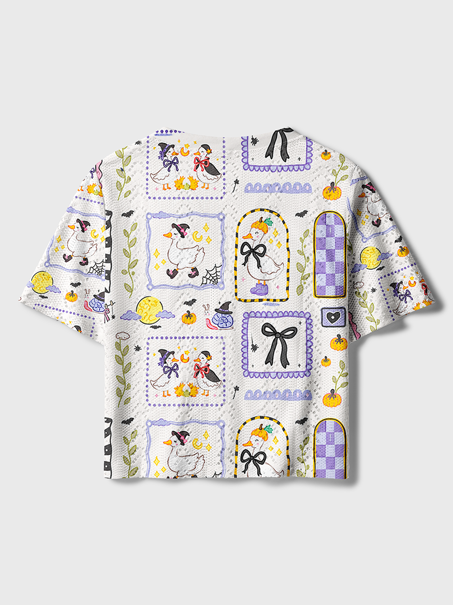Sticker Frame Duck Halloween Patchwork Crochet Button Down Cardigan