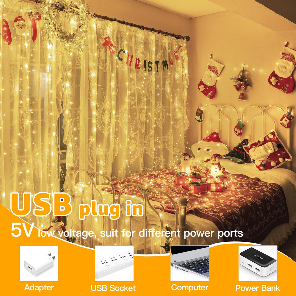 10FT/20FT Christmas Curtain Fairy Lights with Remote Control