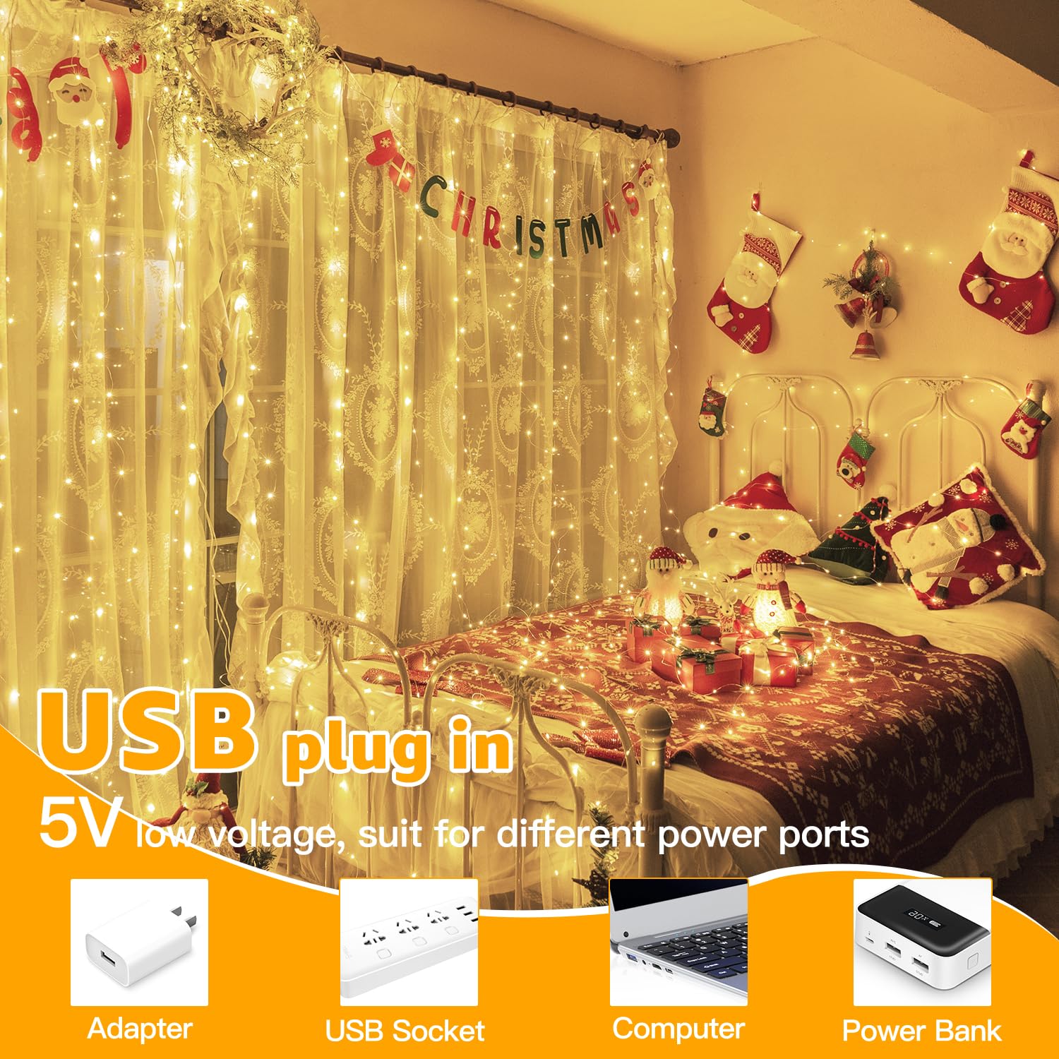 10FT/20FT Christmas Curtain Fairy Lights with Remote Control
