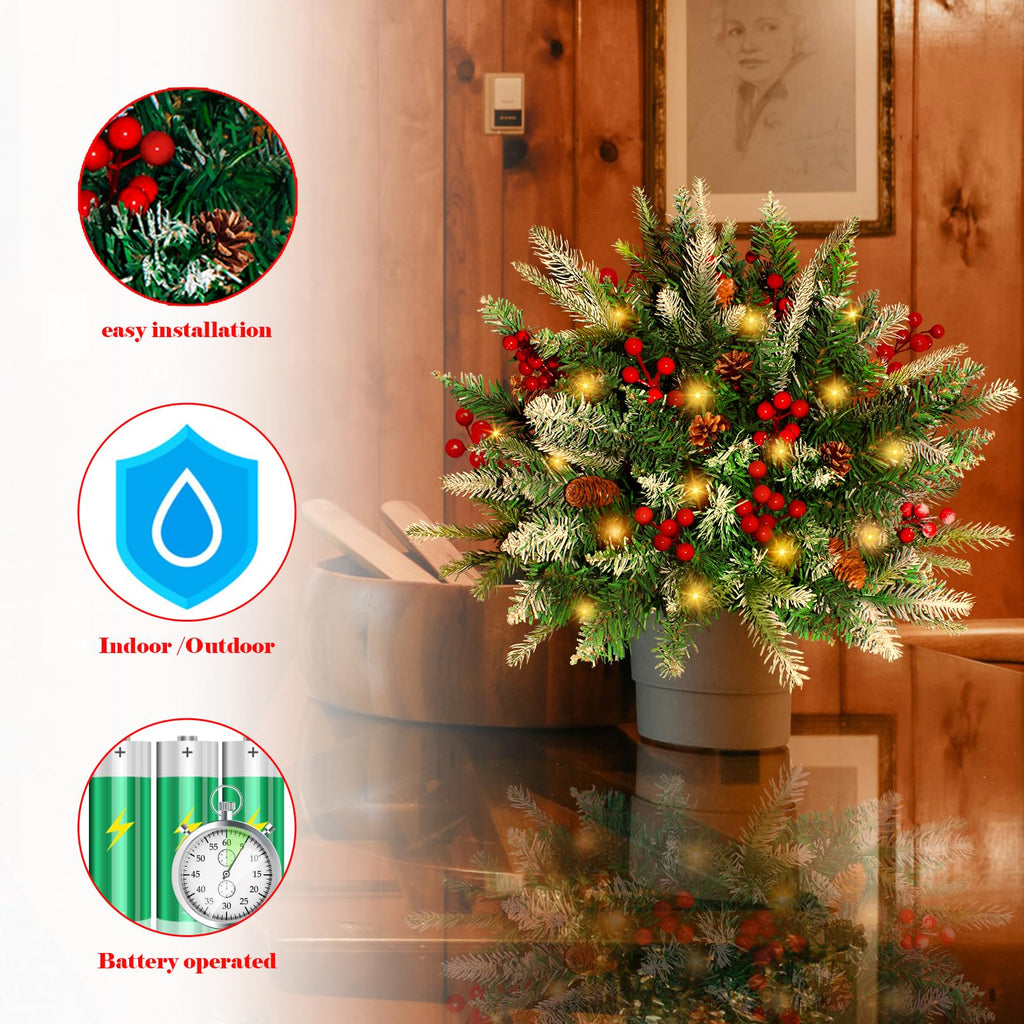 24"Pre-Lit Artificial Xmas Pine Tree with Red Berries, Cones and Metal Tripod Stake