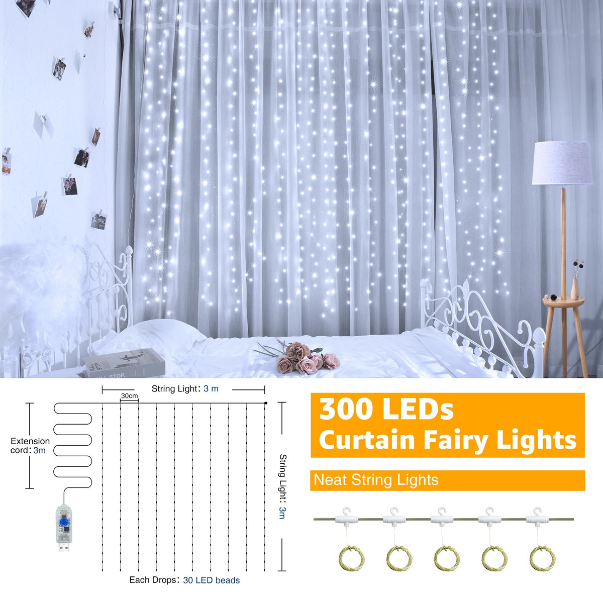10FT/20FT Christmas Curtain Fairy Lights with Remote Control
