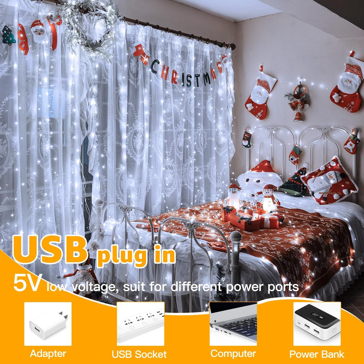 10FT/20FT Christmas Curtain Fairy Lights with Remote Control