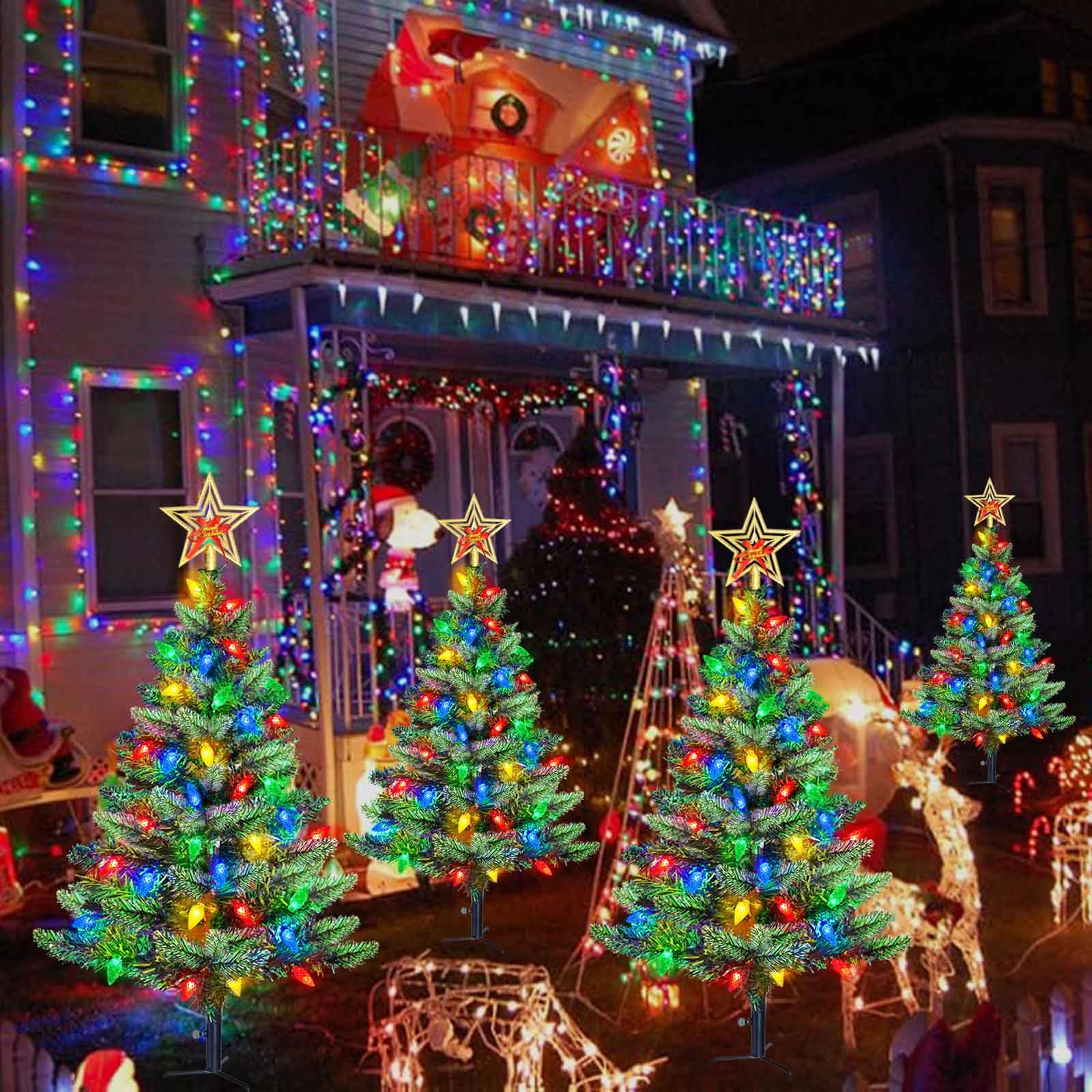 Set of 2 Pre-Lit Christmas Tree with Multicolor LED Solar Lights