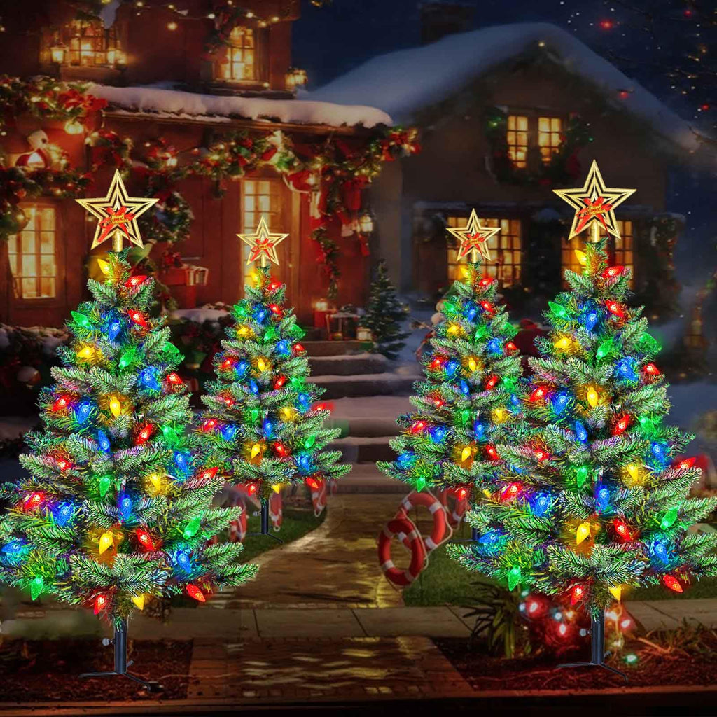 Set of 2 Pre-Lit Christmas Tree with Multicolor LED Solar Lights