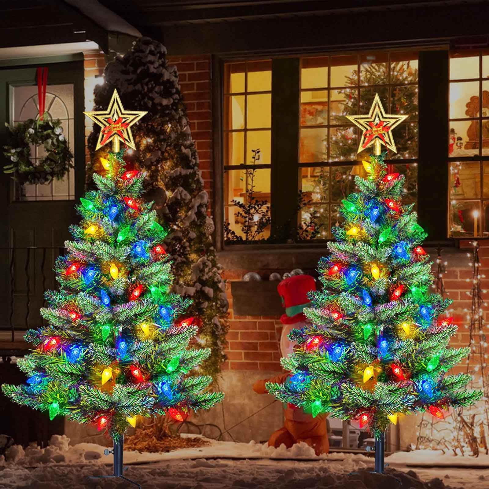 Set of 2 Pre-Lit Christmas Tree with Multicolor LED Solar Lights