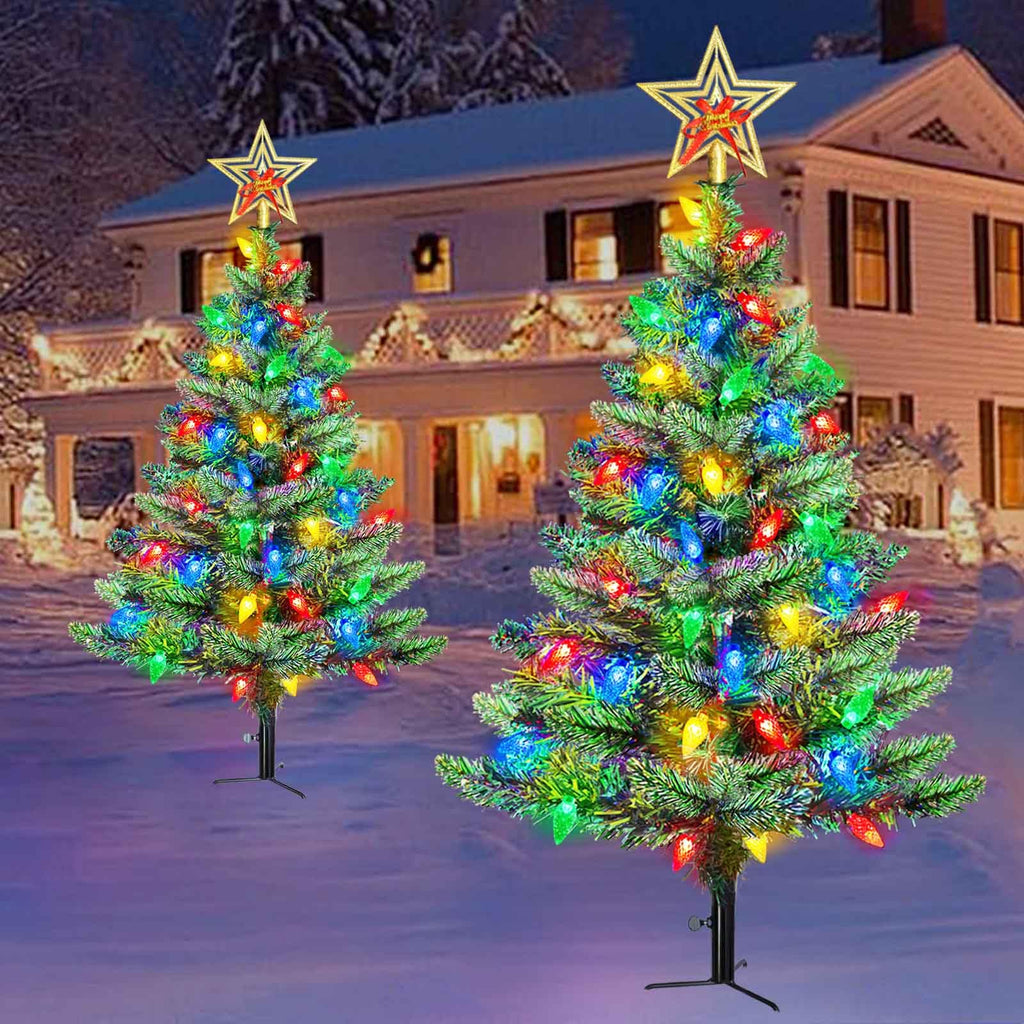 Set of 2 Pre-Lit Christmas Tree with Multicolor LED Solar Lights
