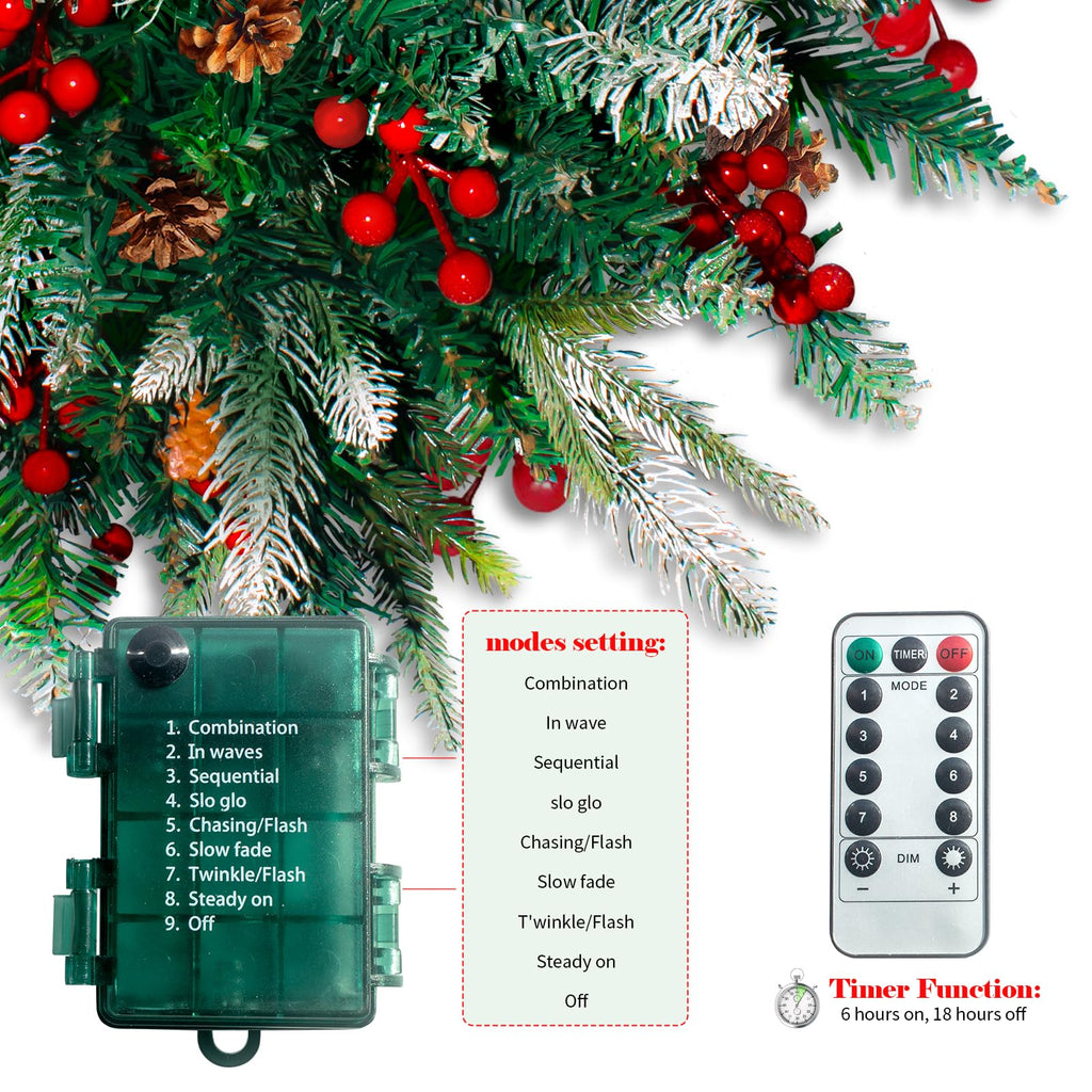 24"Pre-Lit Artificial Xmas Pine Tree with Red Berries, Cones and Metal Tripod Stake