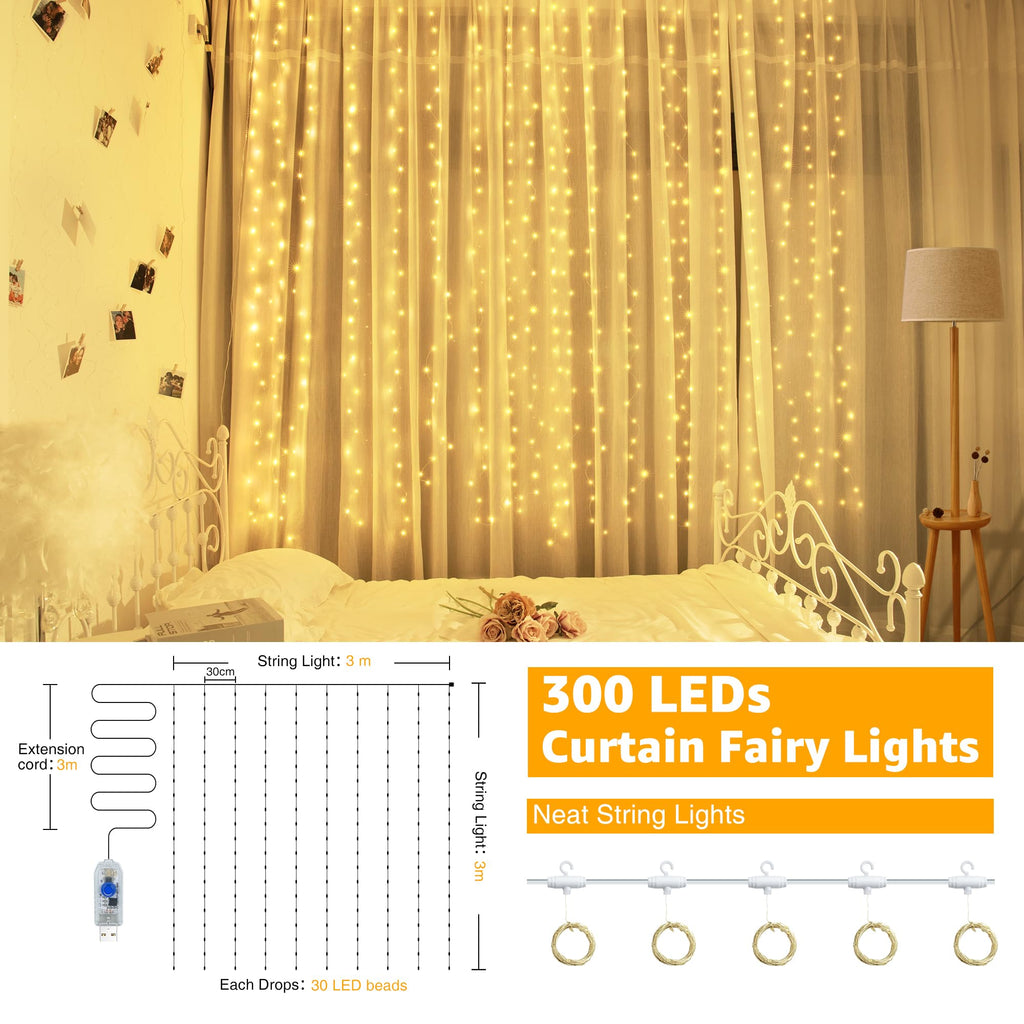 10FT/20FT Christmas Curtain Fairy Lights with Remote Control