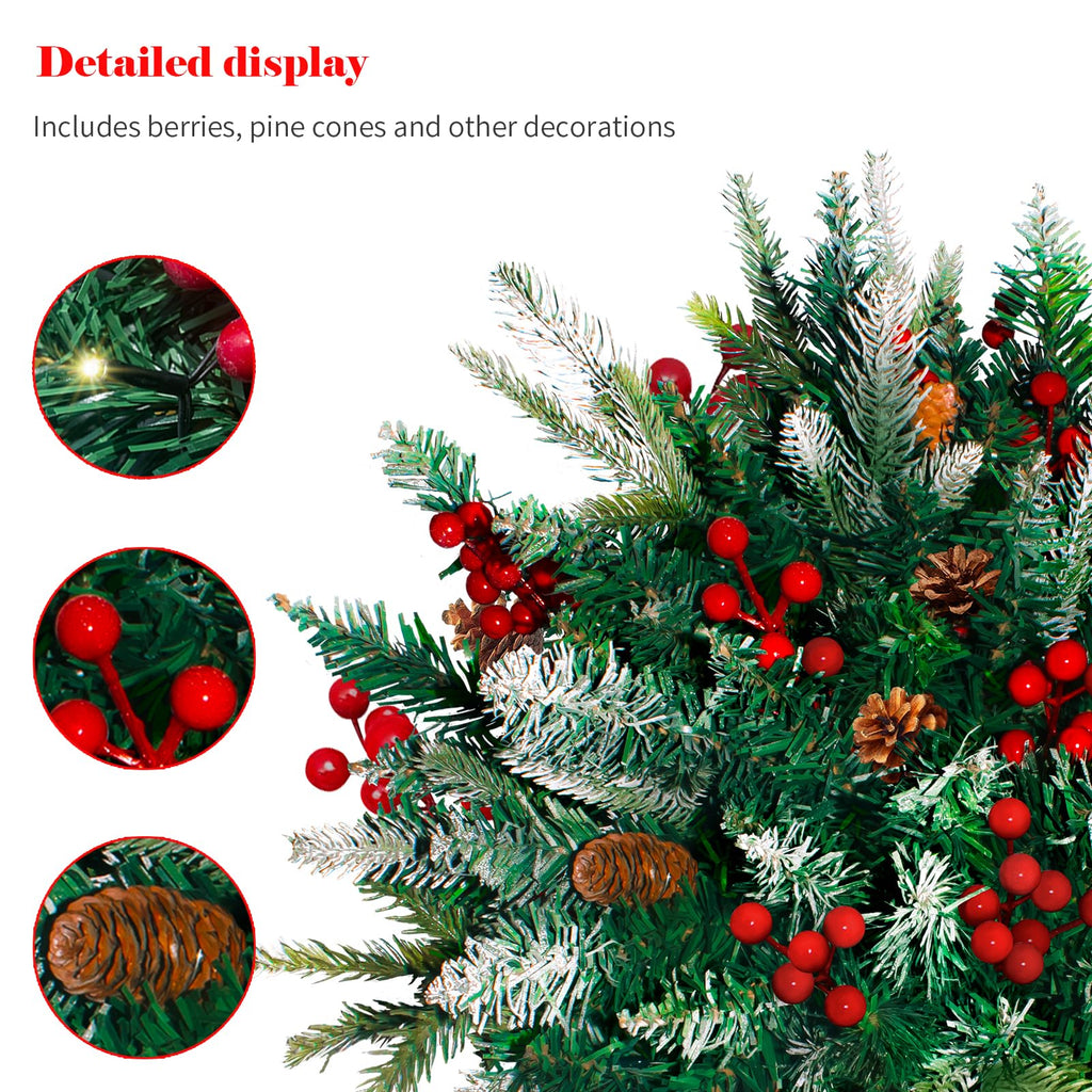 24"Pre-Lit Artificial Xmas Pine Tree with Red Berries, Cones and Metal Tripod Stake