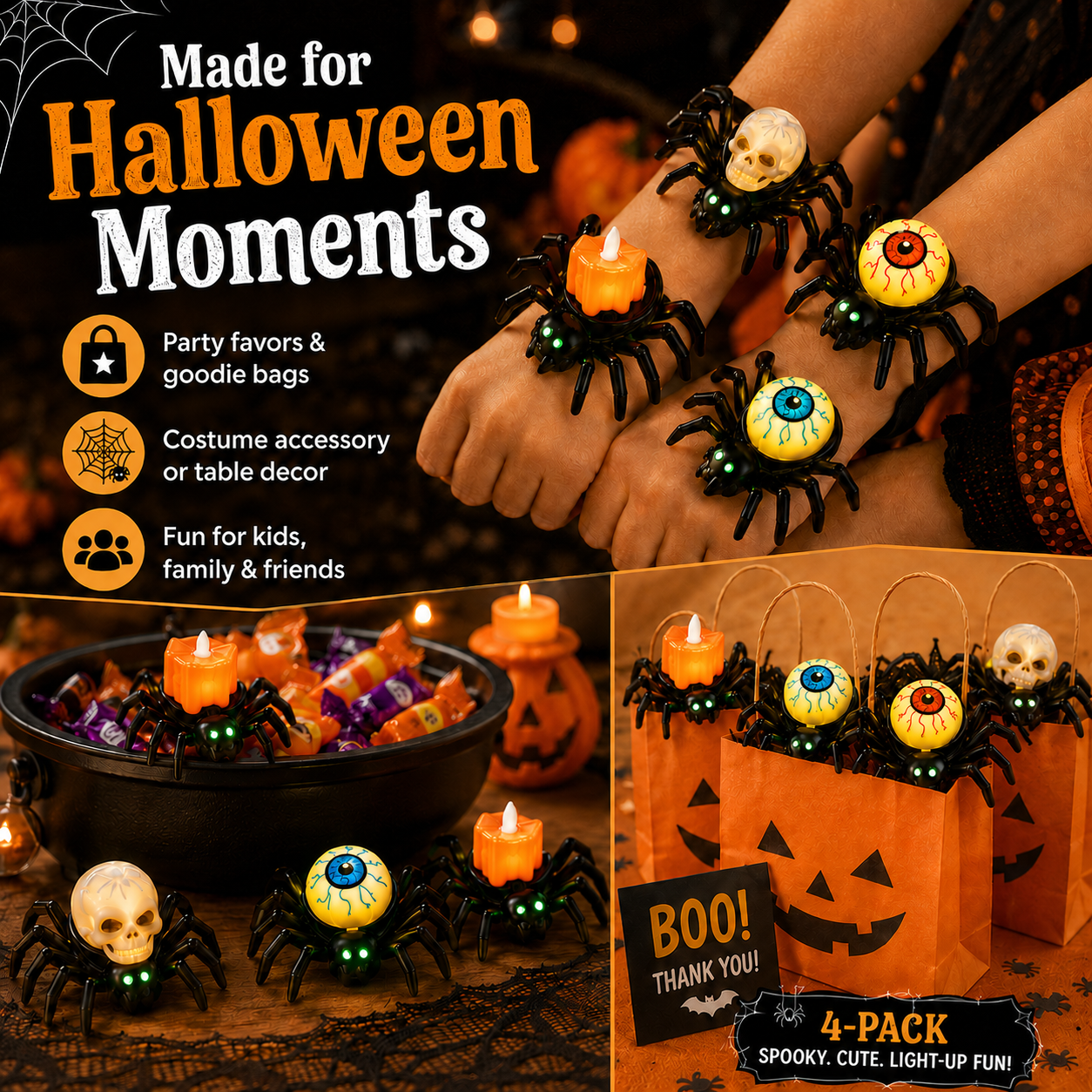 4-Pack Light-Up Spider Halloween Bracelets & Table Decor Set
