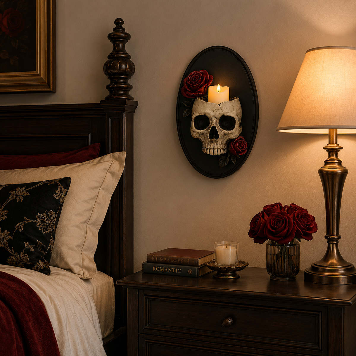 Gothic Skull Wall Candle Holder with Red Roses - Black Oval Wall Sconce Decor 🖤🌹