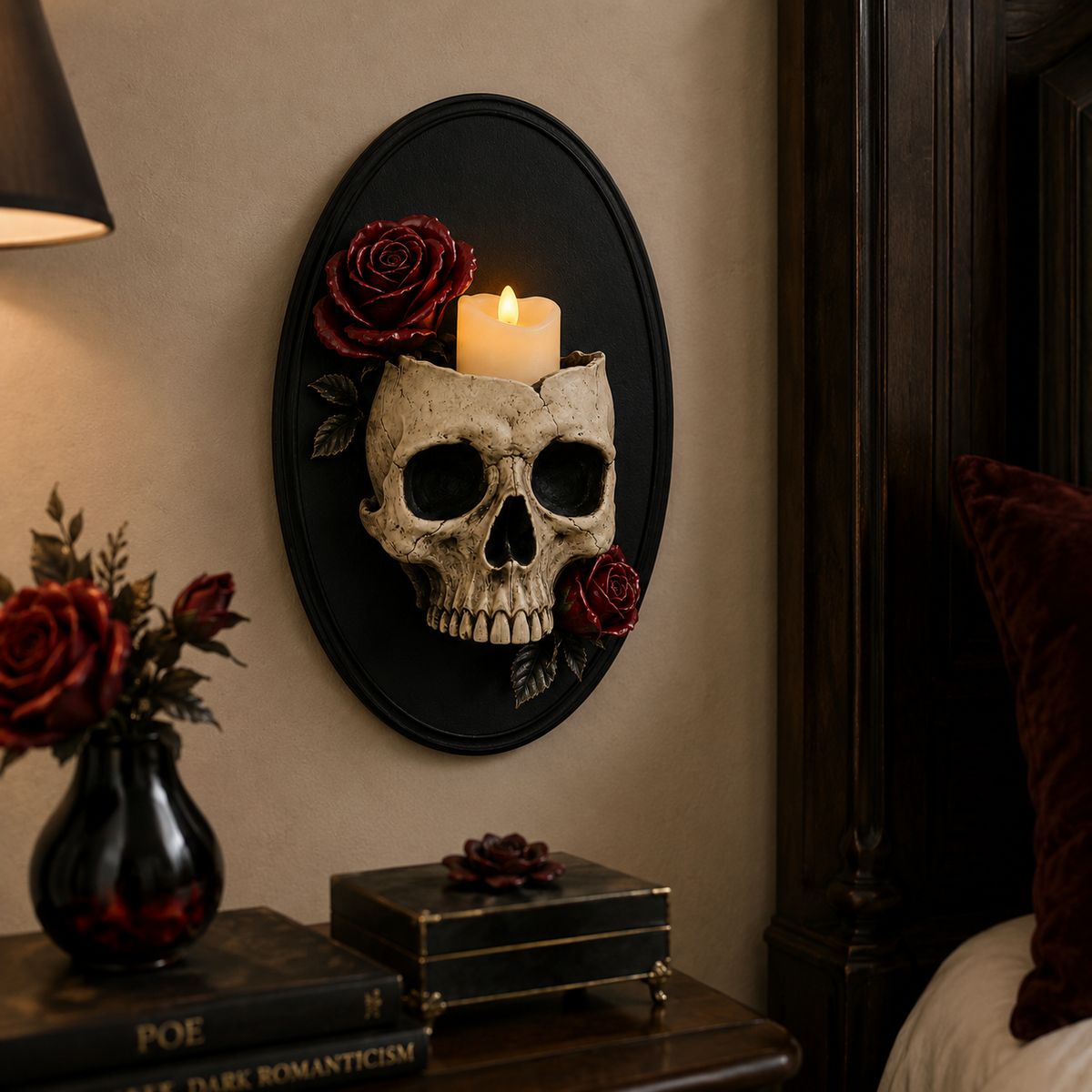Gothic Skull Wall Candle Holder with Red Roses - Black Oval Wall Sconce Decor 🖤🌹