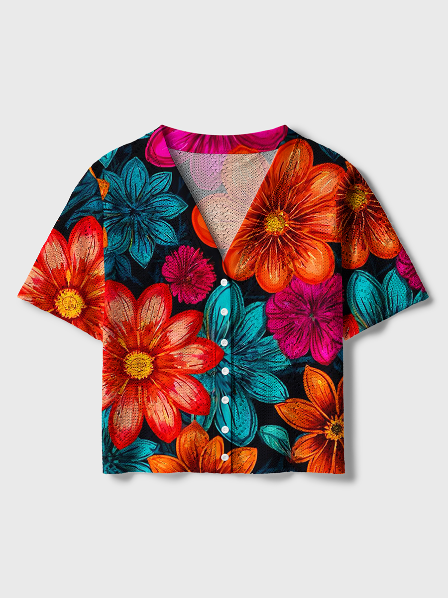 Bold Bright Flower Pattern Crochet Button Down Cardigan