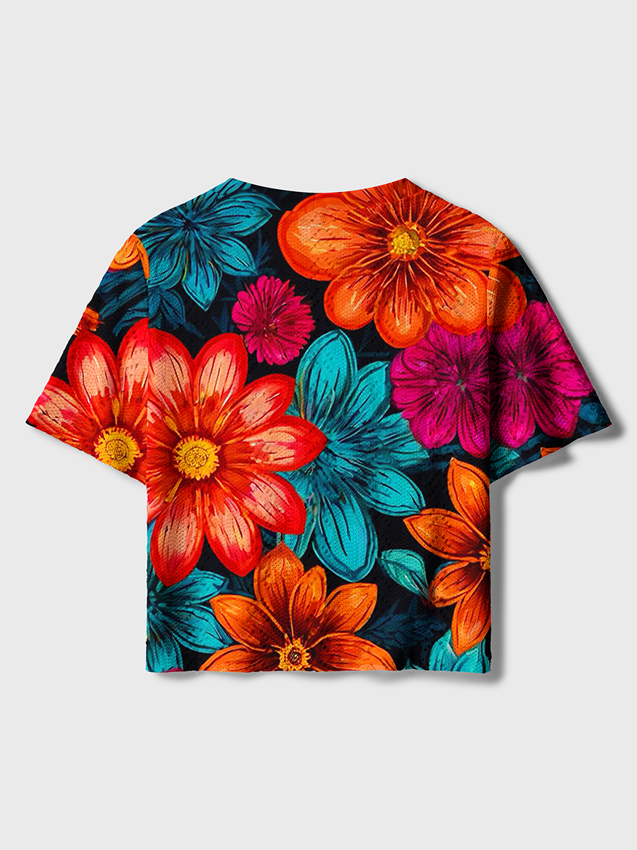 Bold Bright Flower Pattern Crochet Button Down Cardigan