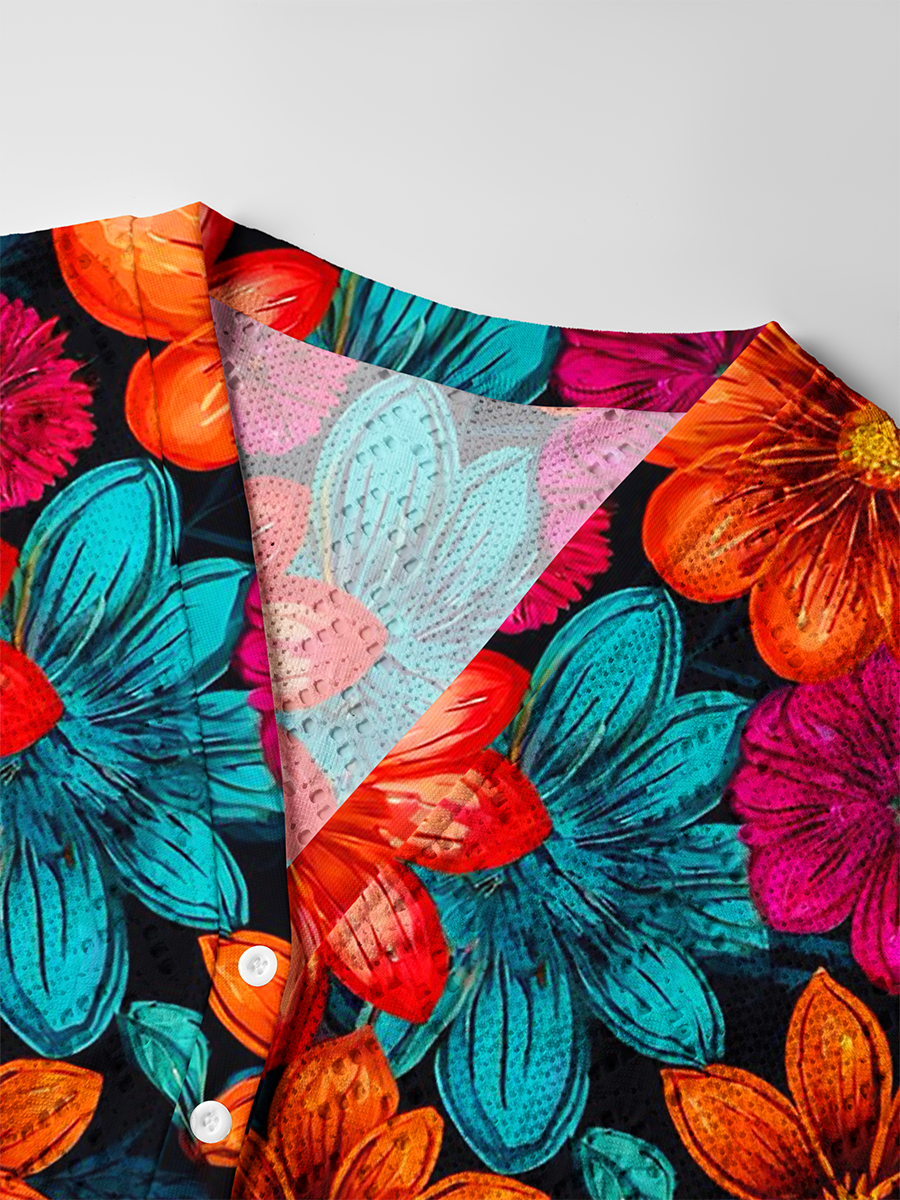 Bold Bright Flower Pattern Crochet Button Down Cardigan