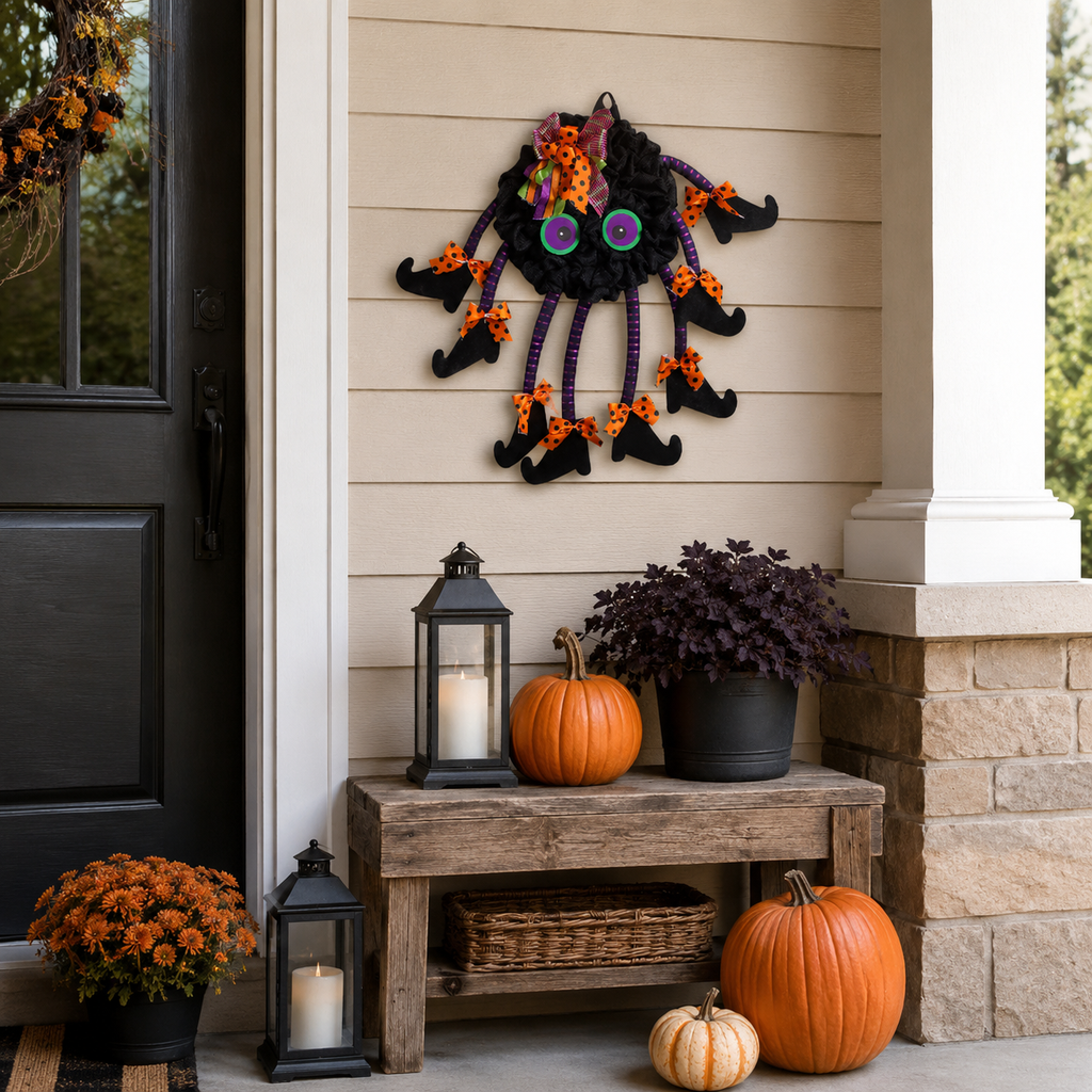 Halloween Spider Door Hanger--21.7 Inch Black Spider Wreath with Witch Legs