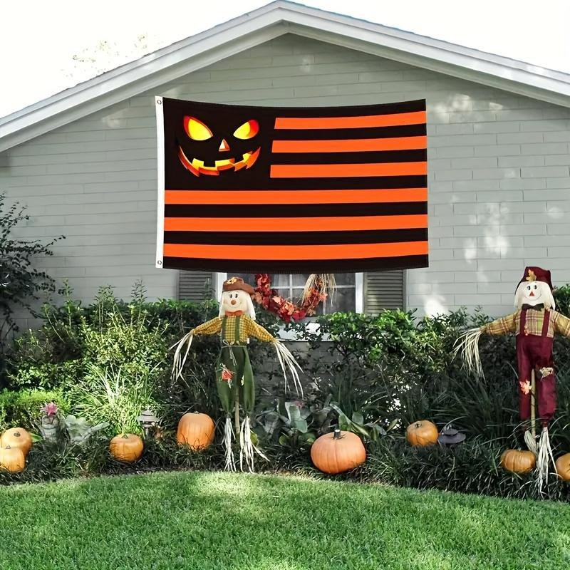 Halloween Pumpkin Stripe Garden Flag – Spooky Jack-O’-Lantern Porch Yard Banner Decor