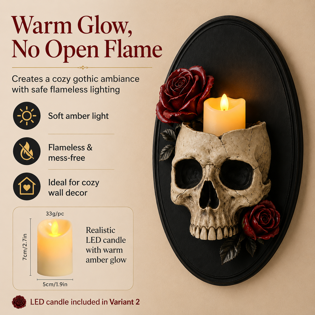 Gothic Skull Wall Candle Holder with Red Roses - Black Oval Wall Sconce Decor 🖤🌹