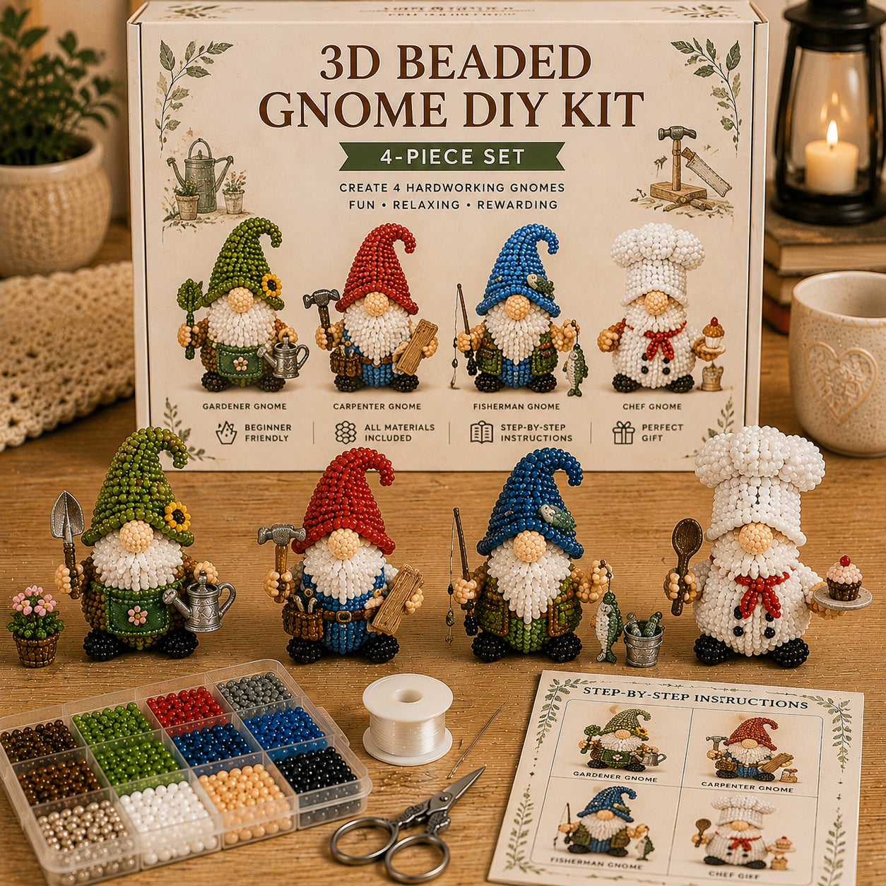 3D Beaded Gnome DIY Kit – Collectible Gnome Craft Set (4-Piece Series Collection)