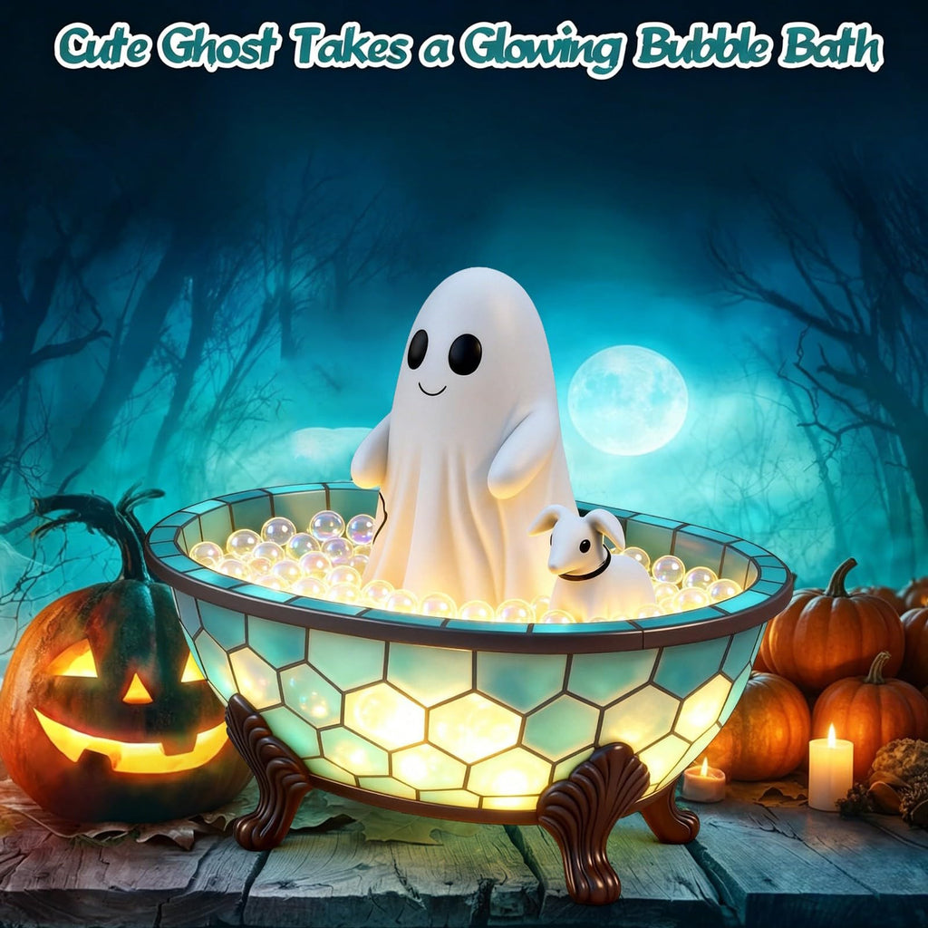 👻 Cute Ghost Bubble Bath Stained Glass Table Lamp | Halloween Spooky Warm LED Night Light