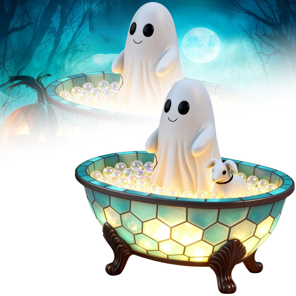 👻 Cute Ghost Bubble Bath Stained Glass Table Lamp | Halloween Spooky Warm LED Night Light