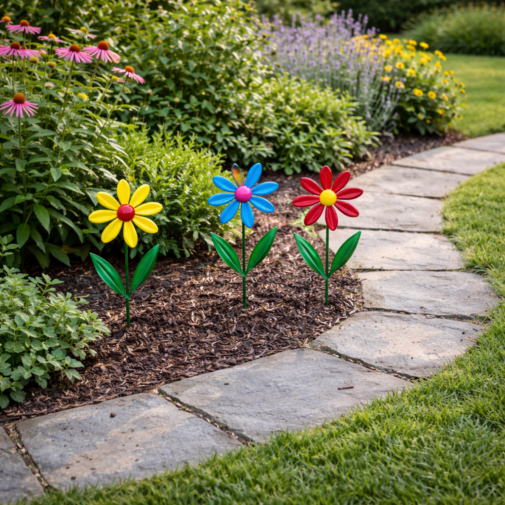 Set of 4 Metal Flower Garden Stakes