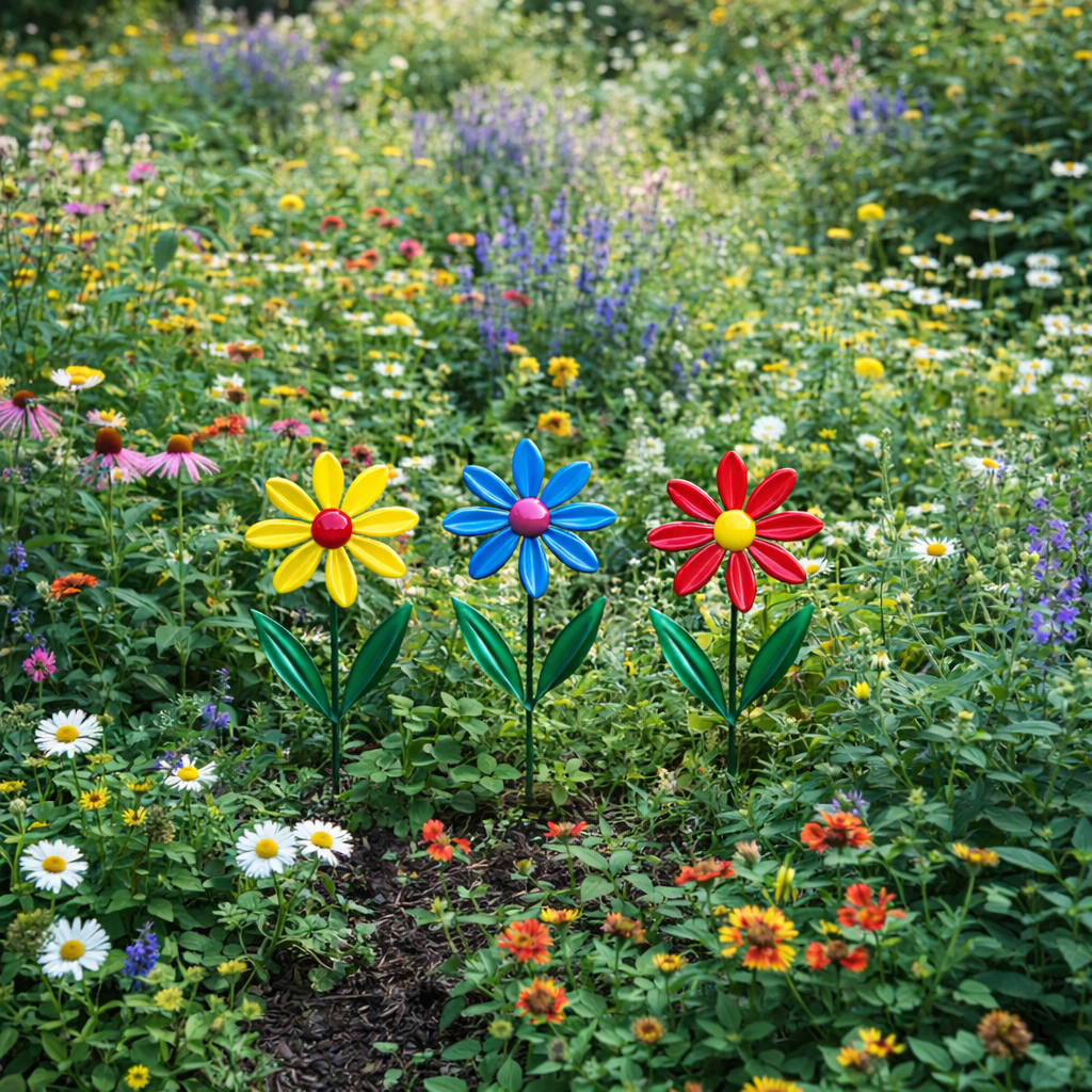 Set of 4 Metal Flower Garden Stakes