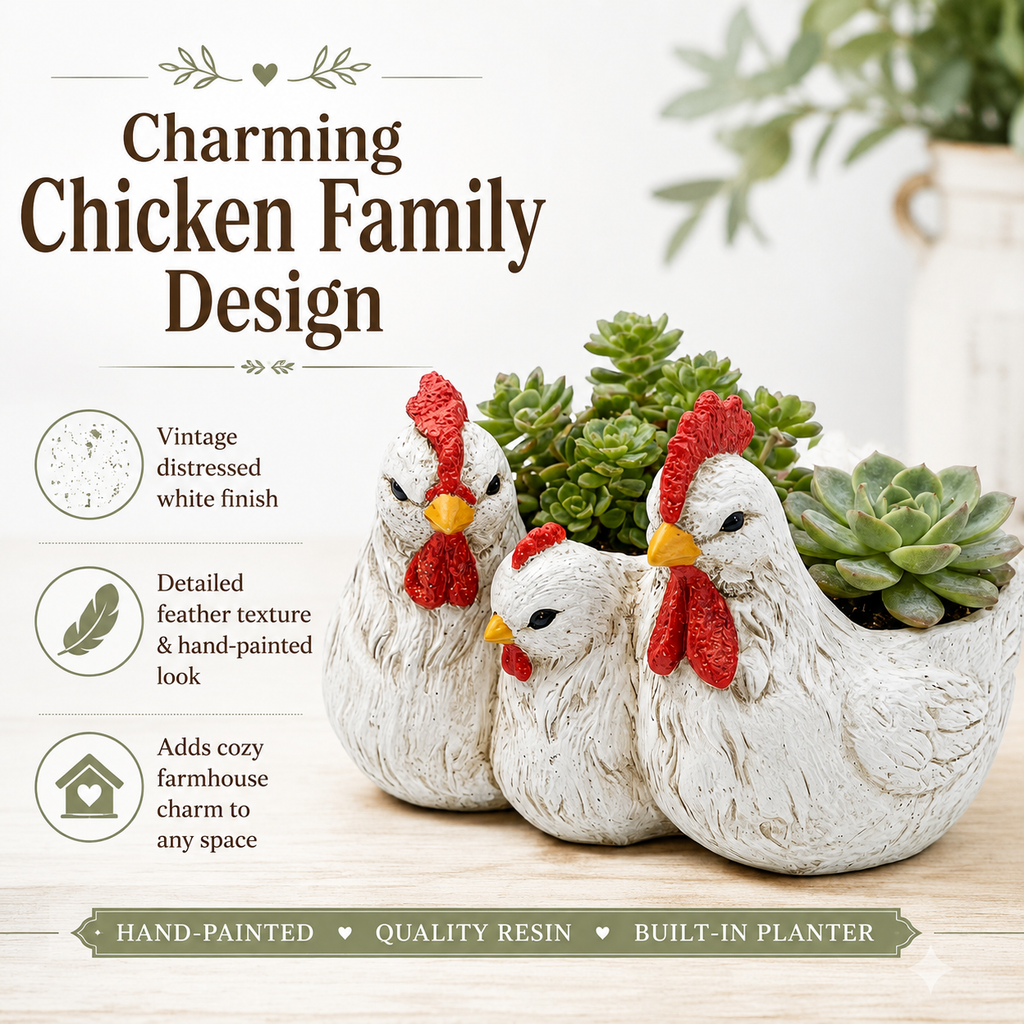 Vintage White Chicken Family Resin Flower Pot