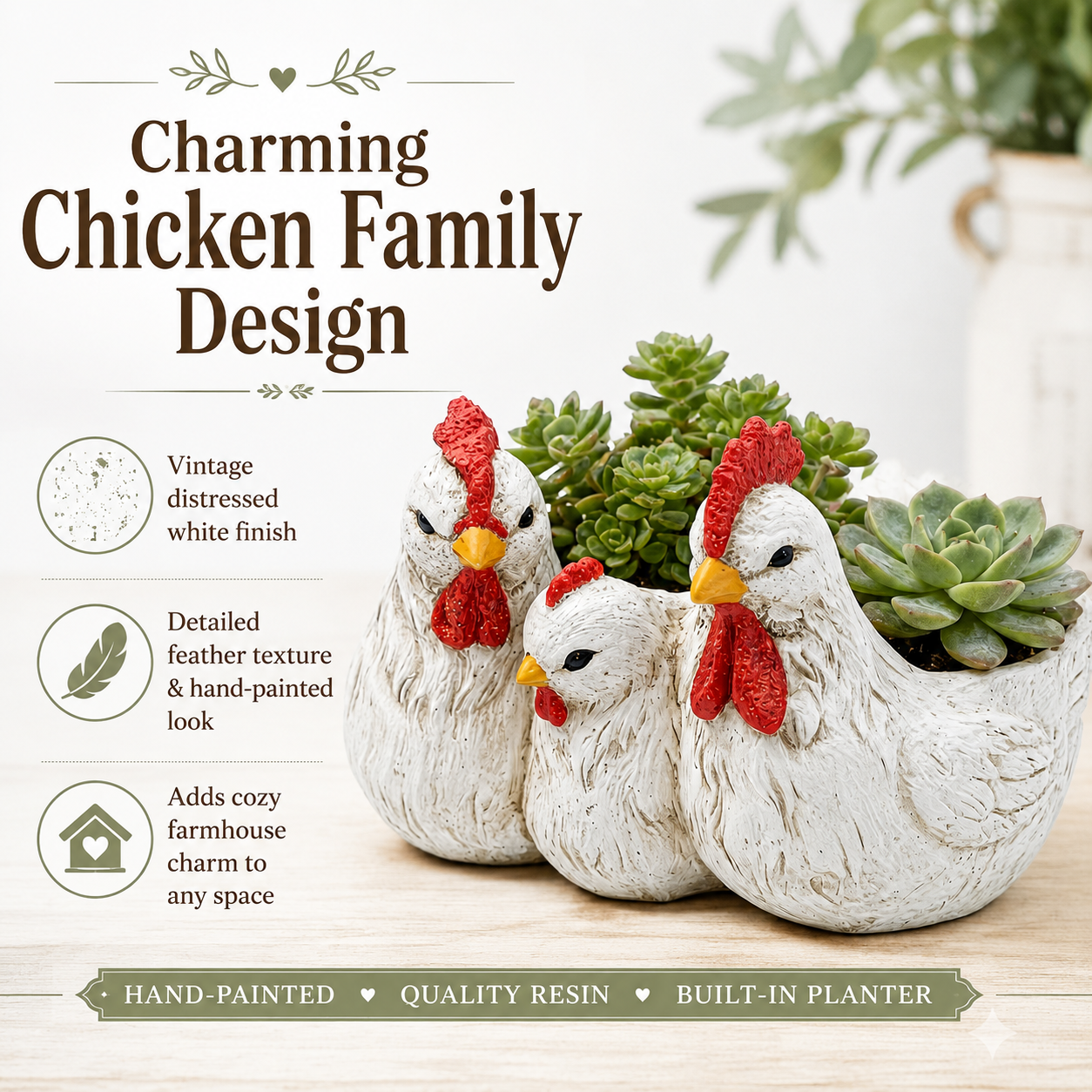 Vintage White Chicken Family Resin Flower Pot