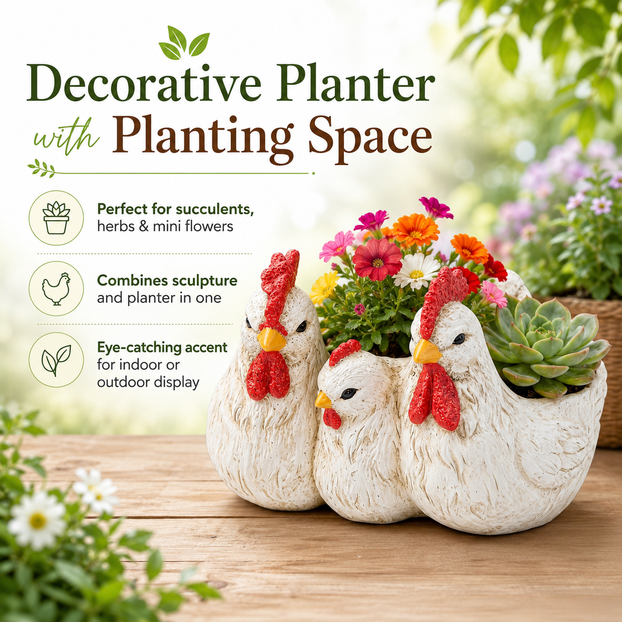 Vintage White Chicken Family Resin Flower Pot