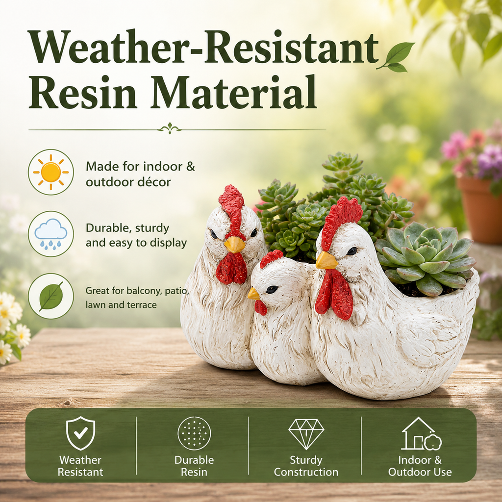 Vintage White Chicken Family Resin Flower Pot