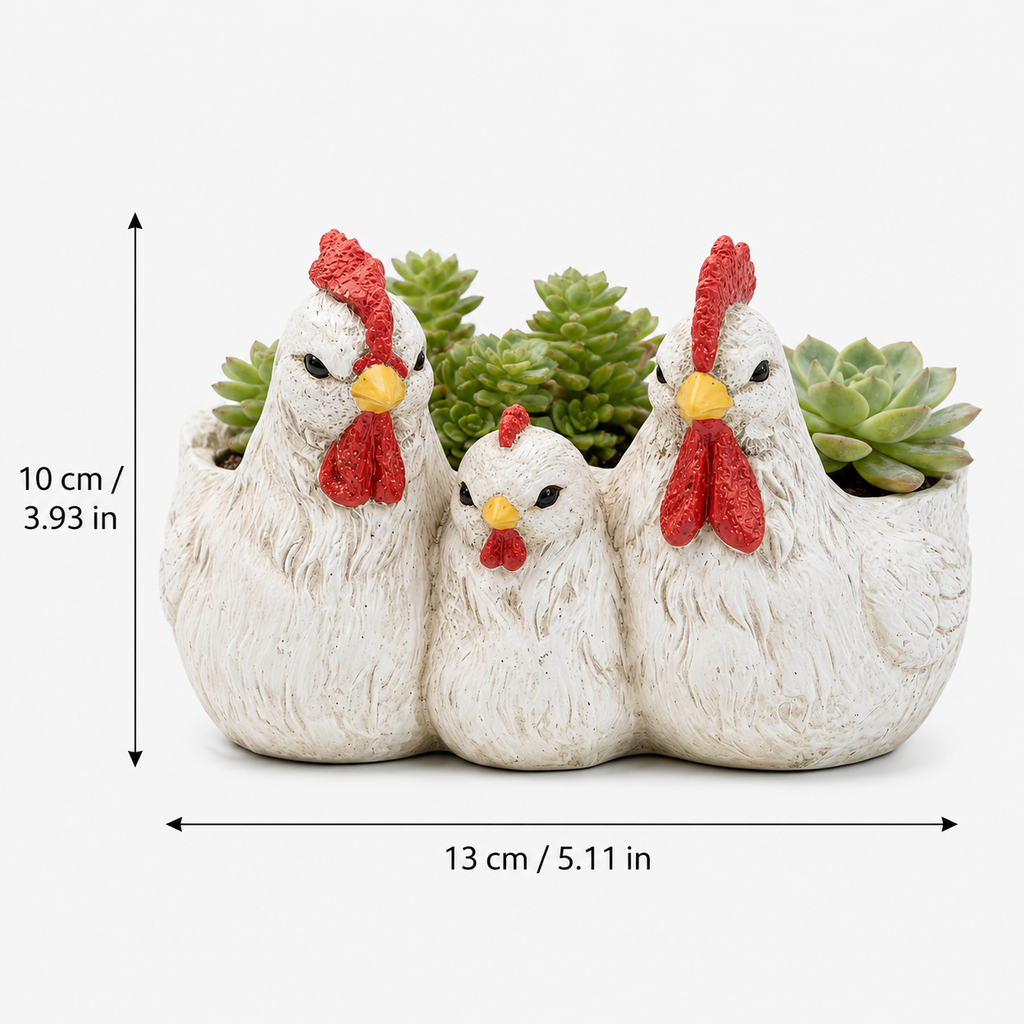 Vintage White Chicken Family Resin Flower Pot