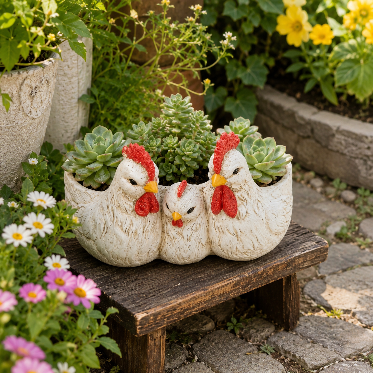 Vintage White Chicken Family Resin Flower Pot