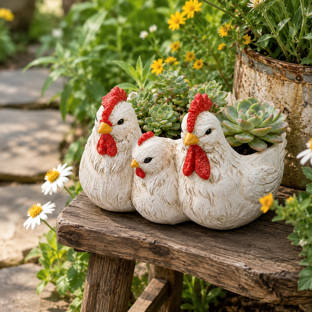 Vintage White Chicken Family Resin Flower Pot
