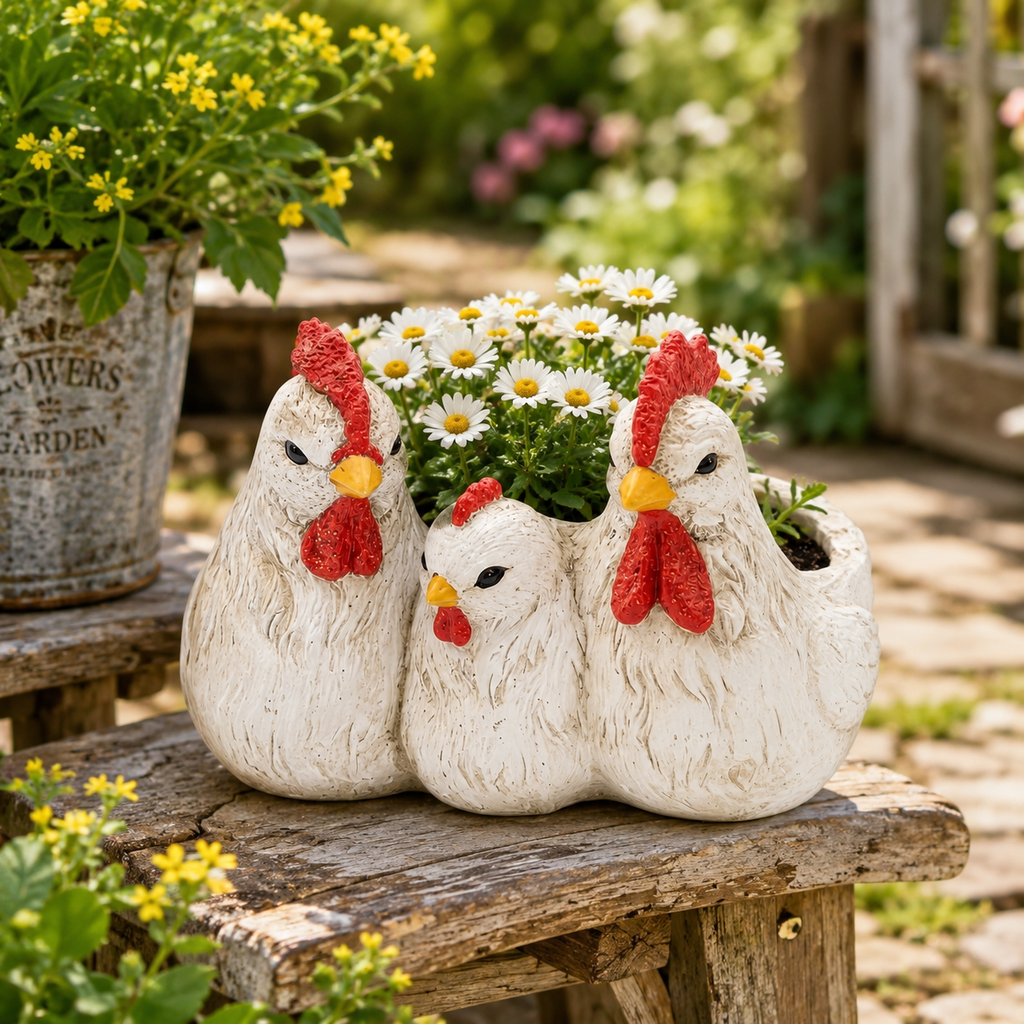 Vintage White Chicken Family Resin Flower Pot