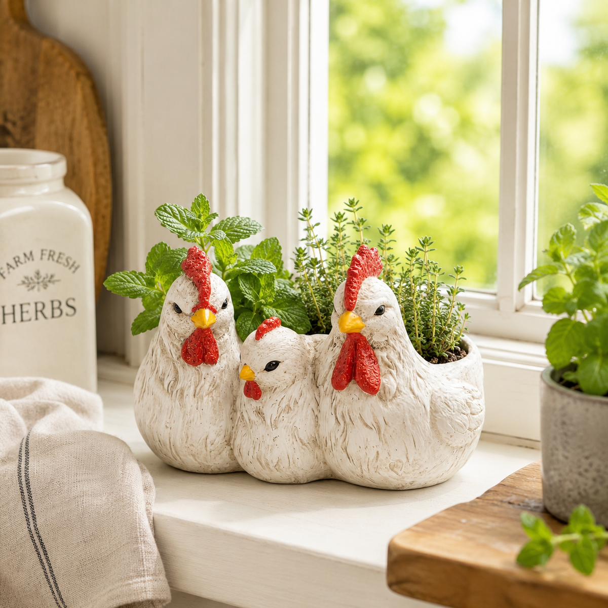 Vintage White Chicken Family Resin Flower Pot