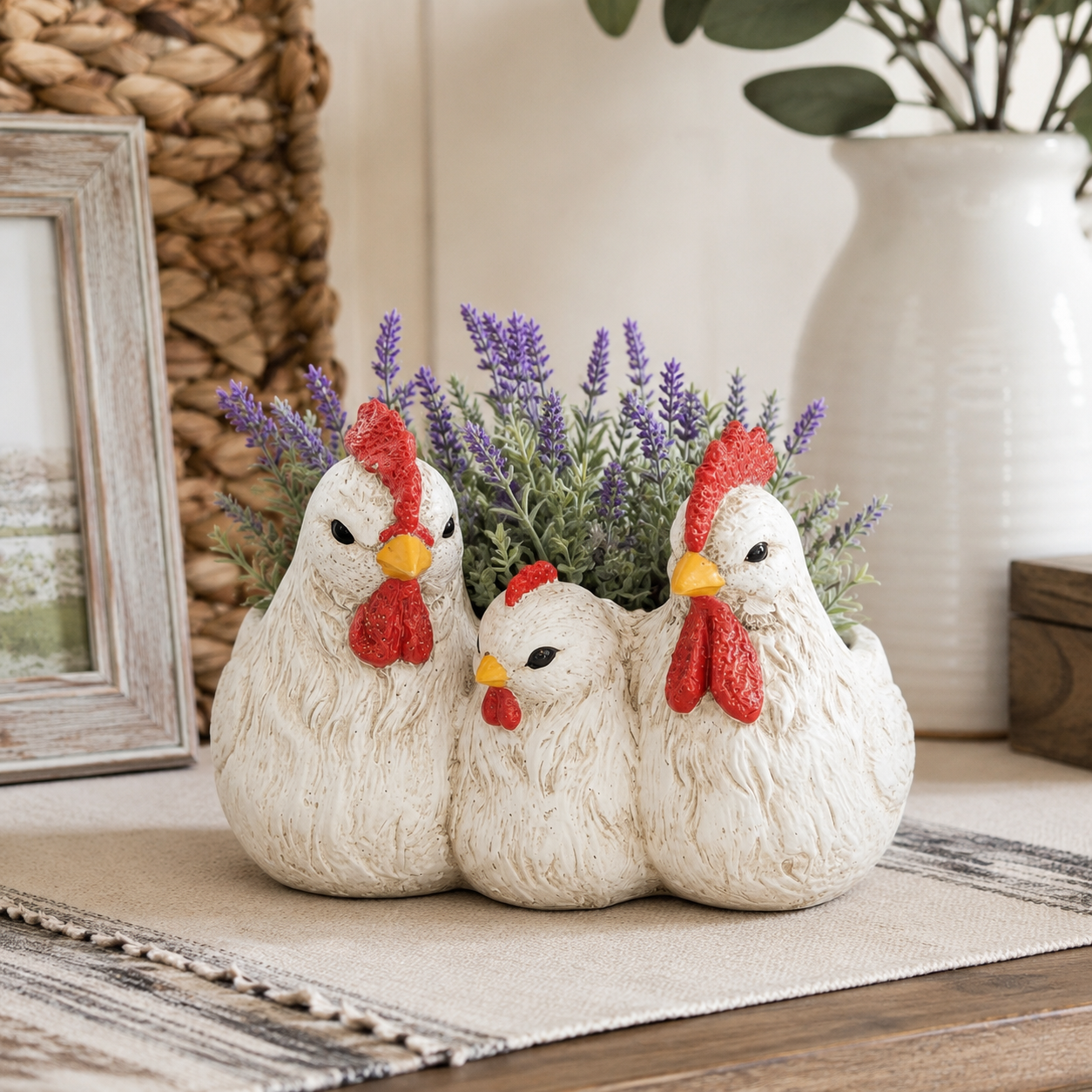 Vintage White Chicken Family Resin Flower Pot