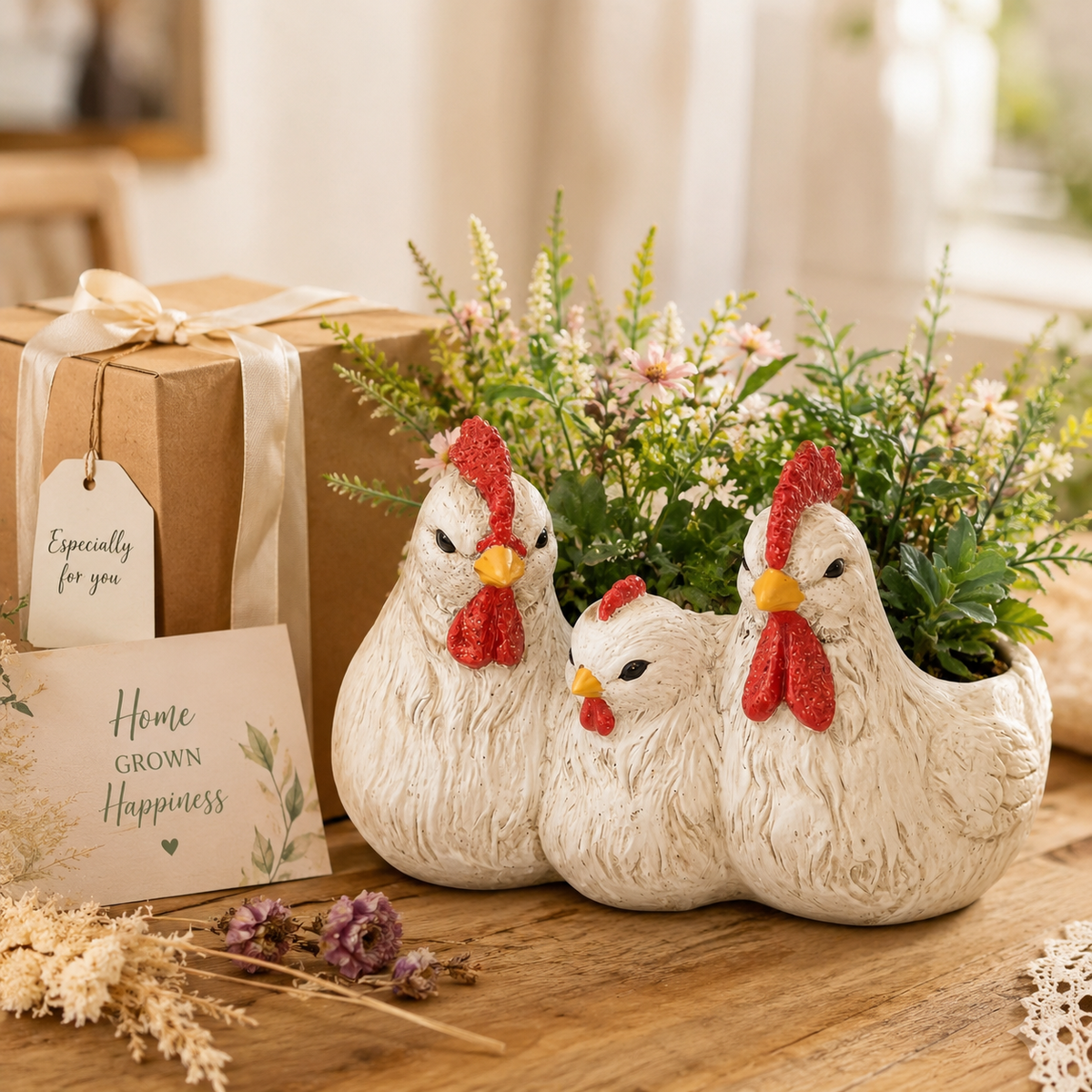 Vintage White Chicken Family Resin Flower Pot