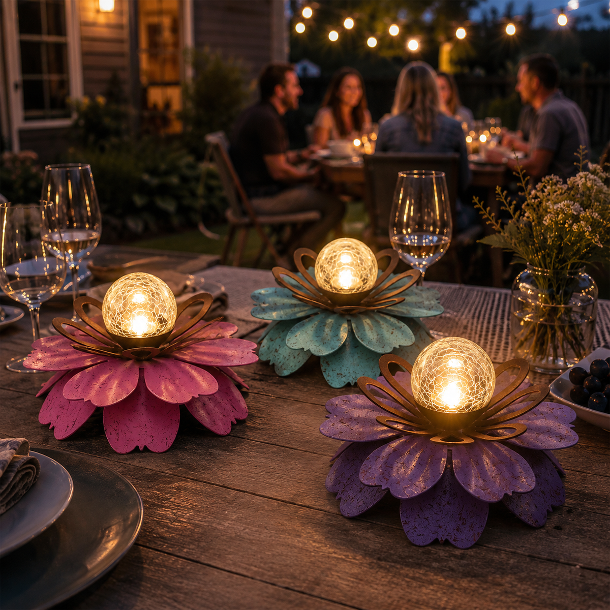 Solar Metal Lotus Garden Light with Crackle Glass Globe