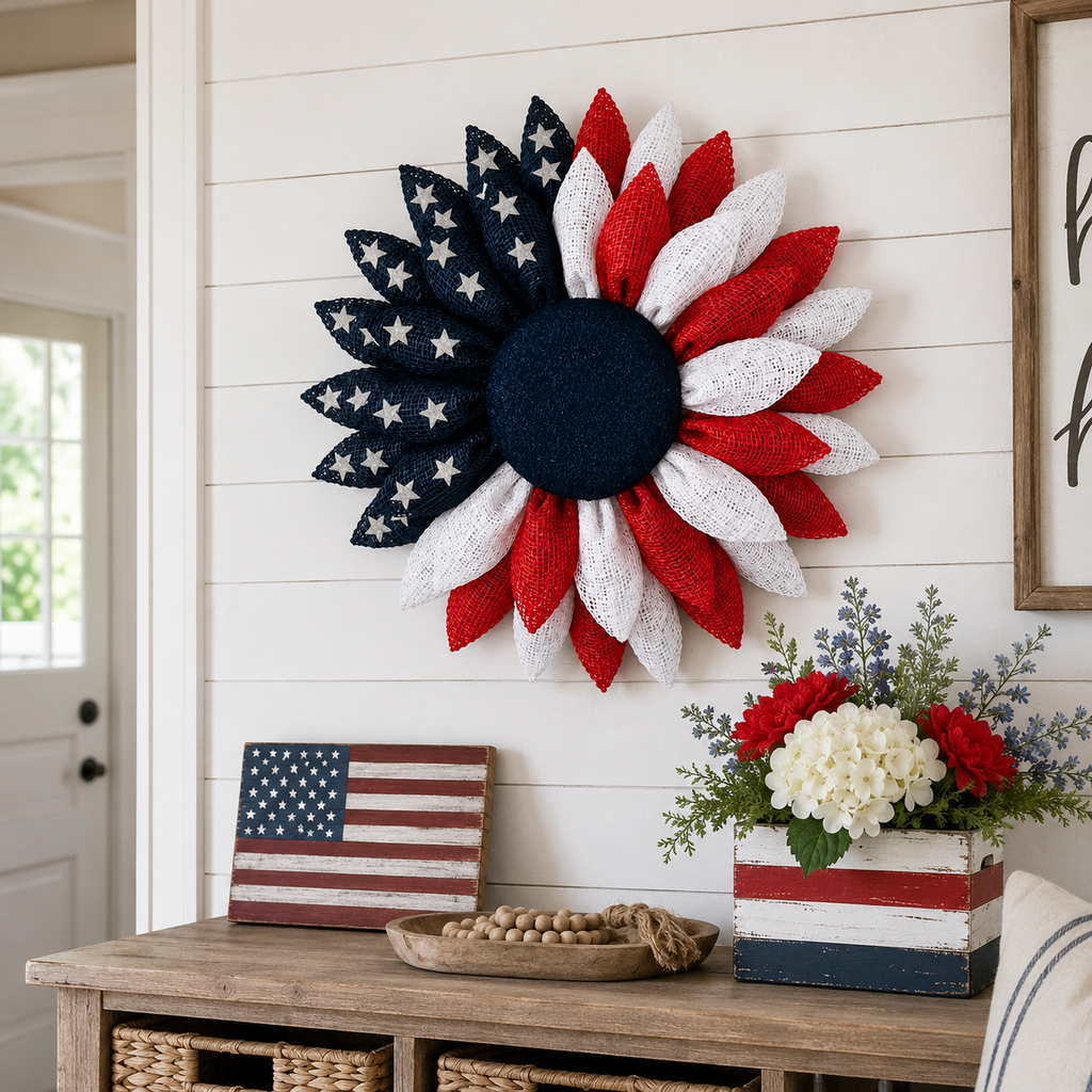 Lighted Patriotic Sunflower Wreath with Remote
