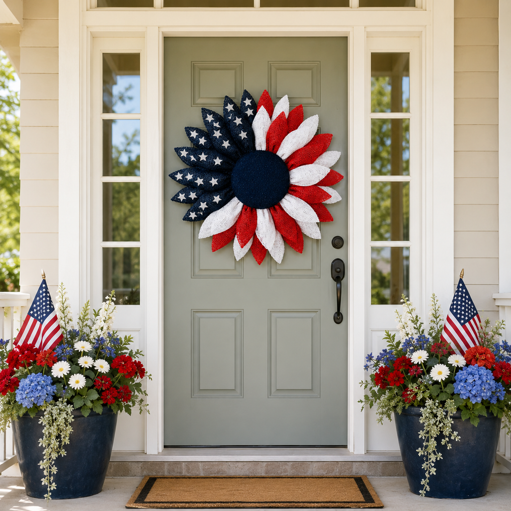 Lighted Patriotic Sunflower Wreath with Remote