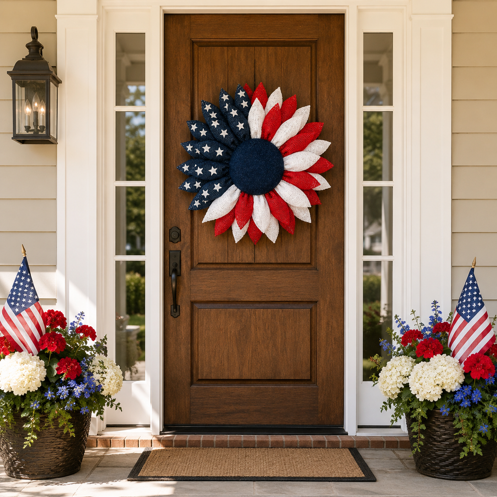 Lighted Patriotic Sunflower Wreath with Remote