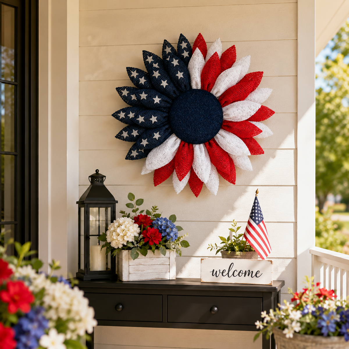 Lighted Patriotic Sunflower Wreath with Remote