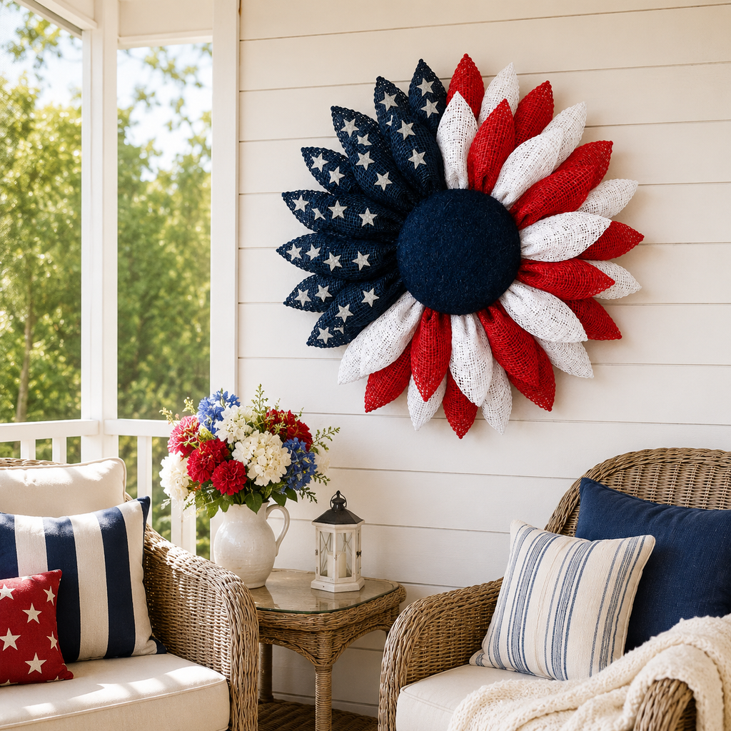 Lighted Patriotic Sunflower Wreath with Remote