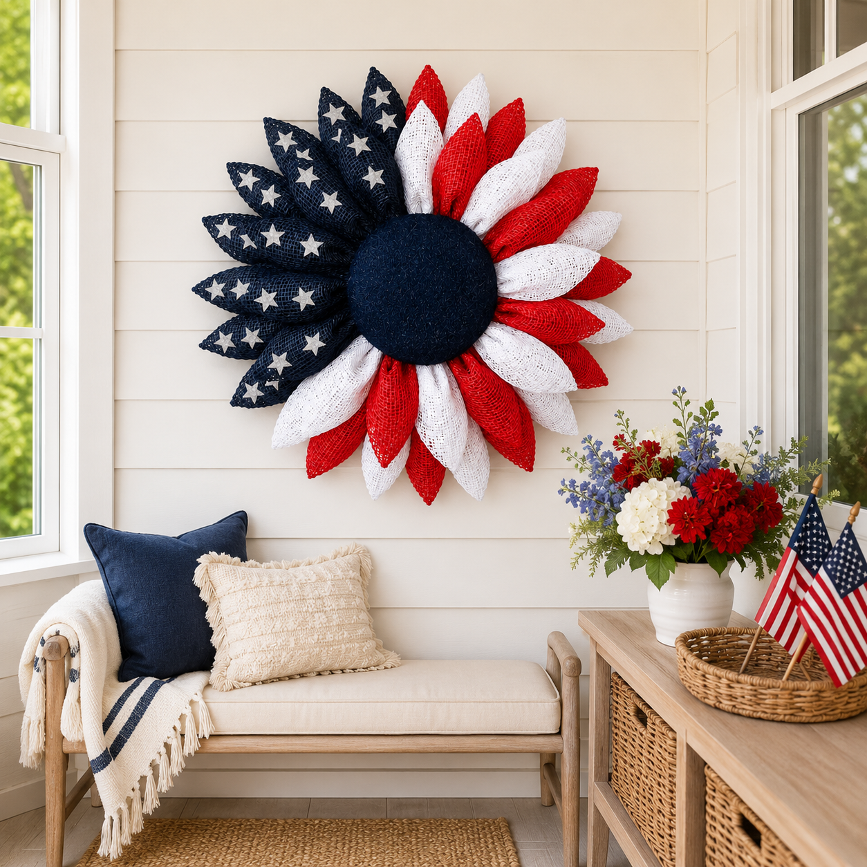 Lighted Patriotic Sunflower Wreath with Remote